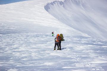winter hiking in the mountains.