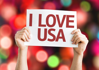 I Love USA card with colorful background with defocused lights