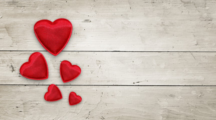 Red hearts on wood banner, Valentines Day background