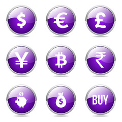 Currency Sign Violet Vector Button Icon Design Set