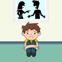 Sad boy, parents arguing,  vector illustration