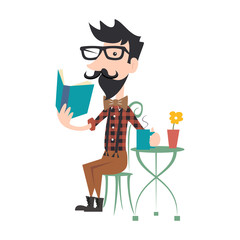 Hipster reading book, vector illustration