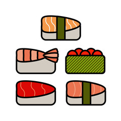 Asia food icon set with sushi rolls sashimi noodle miso isolated