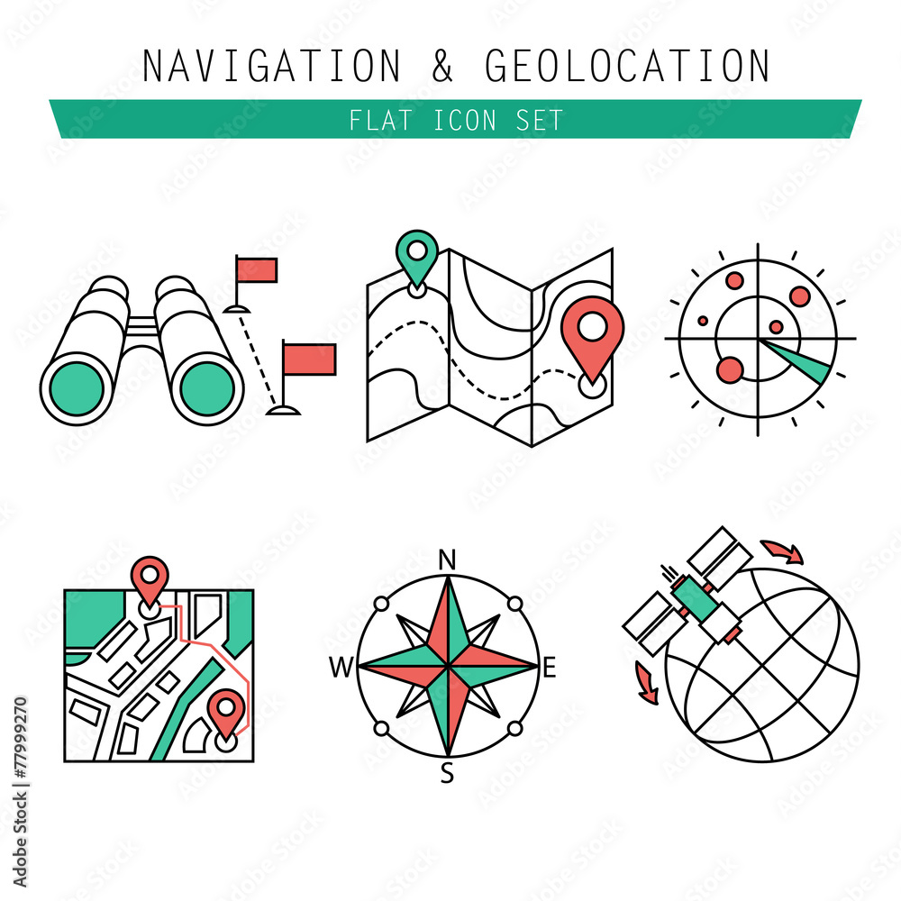Poster different navigation icons set with rounded corners. design