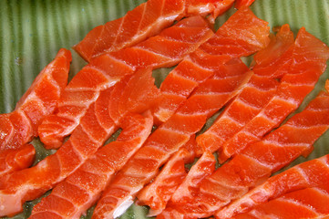 fresh raw salmon on green dish