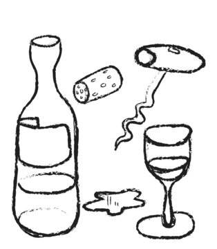 doodle grunge bottle of wine, corks, glass cup and opener