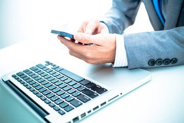 business, technology and internet concept - close up of man hand