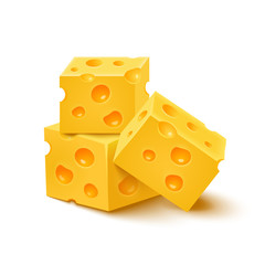 Cubes of yellow cheese on white background. Vector illustration