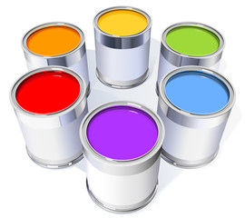 six metal cans with colorful paint