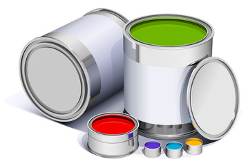 different metal cans with colorful  paint