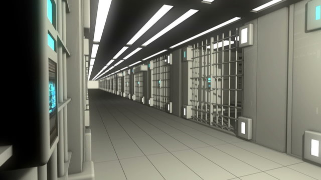 Interior of a jail and out through the bars