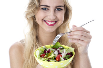 Model Released. Attractive Happy Young Woman Eating Salad