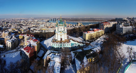 aerial view of Podol and St. Andrew's church in Kiev, Ukraine