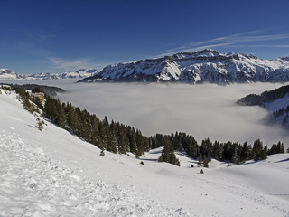 Fototapeta na wymiar Over the clouds, sea of fog in the mountains