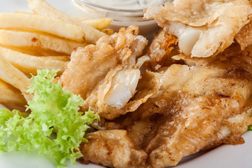 Fish and chips with tartar sauce on a plate