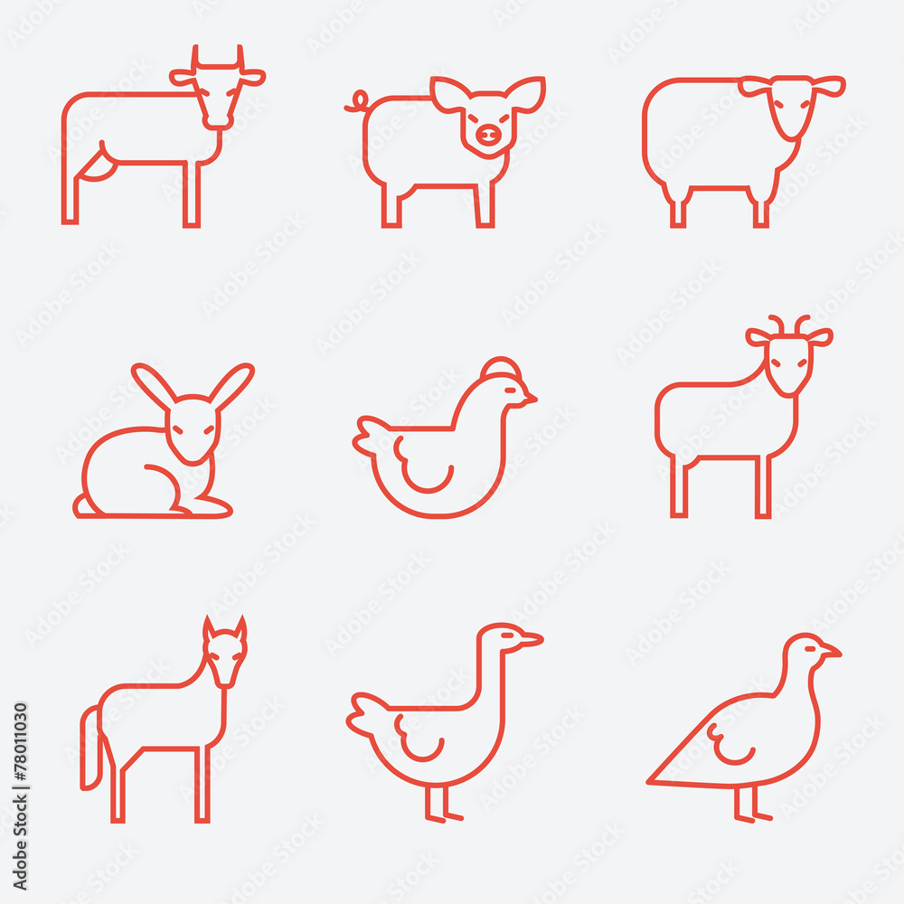 Wall mural farm animals, thin line style, flat design