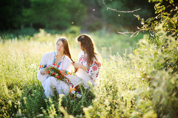 Fototapeta premium two girls in Ukrainian national dress sitting on the grass. Girl