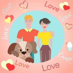 Happy young couple and dog.