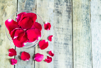 Fototapeta na wymiar Fresh red rose in glass on wooden background