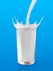 Glass of Milk with Pouring Splash on blue background