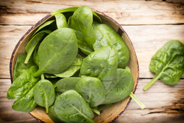 Spinach on the bowl, wooden background.