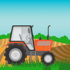 Rural landscape with orange  tractor