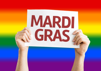 Mardi Gras card with rainbow flag background