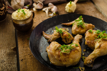 Bio roast chicken with herbs and garlic, couscous