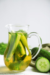 Glass ewer with fresh organic cucumber water