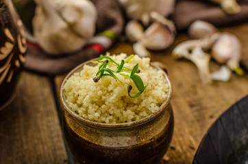 Bio roast chicken with herbs and garlic, couscous