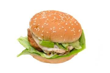 Hamburger with cheese and lettuce on white background