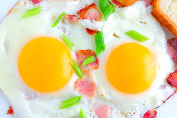 Two fried eggs and bacon