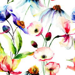 Panele Szklane  Seamless wallpaper with wild flowers