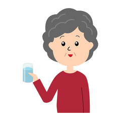 A happy elderly woman with a glass of water in her hand