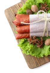Smoked thin sausages  with lettuce salad leaves