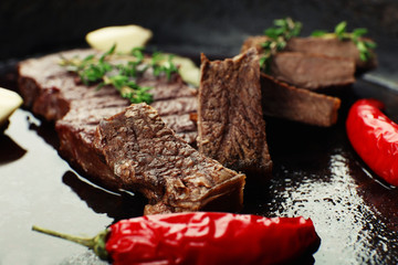 Steak in frying pan close up