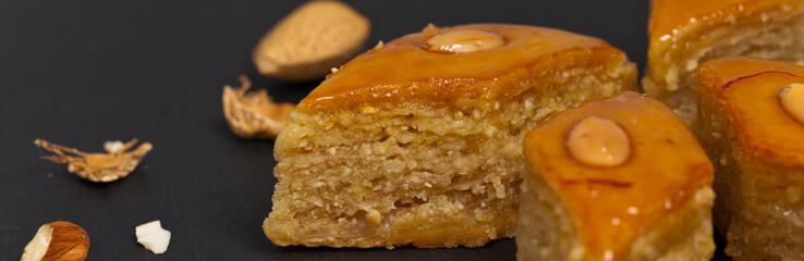 Baklava. Panoramic image. Selective focus.
