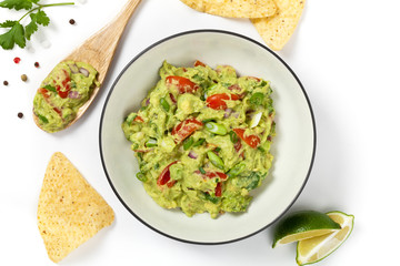 Guacamole on white background. Selective focus.