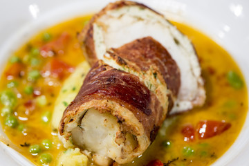 Fine Dining - Fish - Monkfish Wrapped In Ham With Vegetables