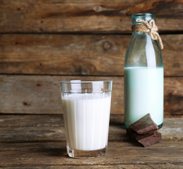 Glass and bottle of milk with chocolate chunks