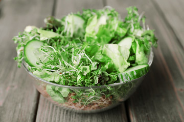 Cress salad with sliced cucumber and greens in glass bowl