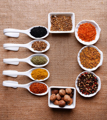 Different kinds of spices in ceramics bowls and spoons