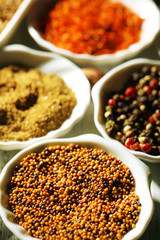 Different kinds of spices in ceramics spoons, close-up,