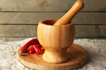 Ground red pepper in mortar with chili pepper