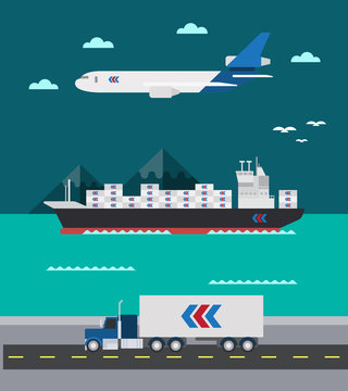 Flat design of cargo transportation sea air land