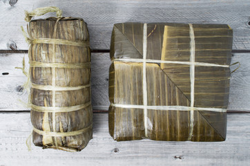 Cooked  square and cylindrical glutinous rice cakes, Vietnamese