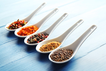 Different kinds of spices in ceramics spoons, close-up,