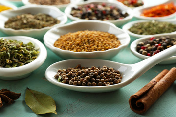 Different kinds of spices in ceramics spoons, close-up,
