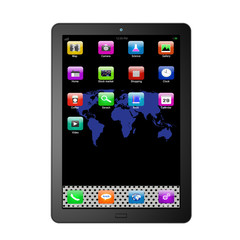 Tablet with colorful application icons, isolated on white backgr