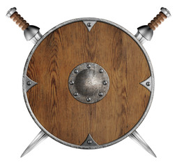Naklejka premium old wooden round shield and two crossed swords isolated